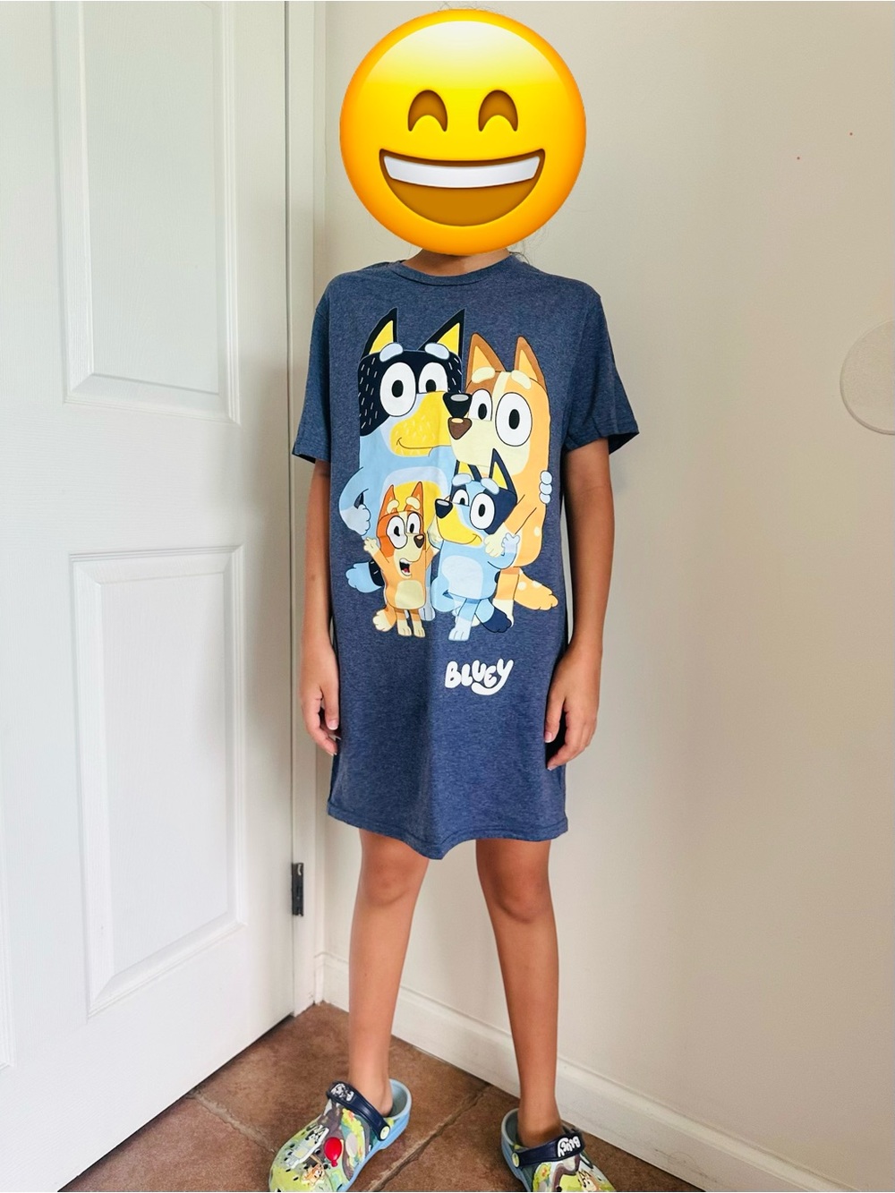 Short Sleeve Navy Blue Graphic Tee Dress with Bluey Characters
